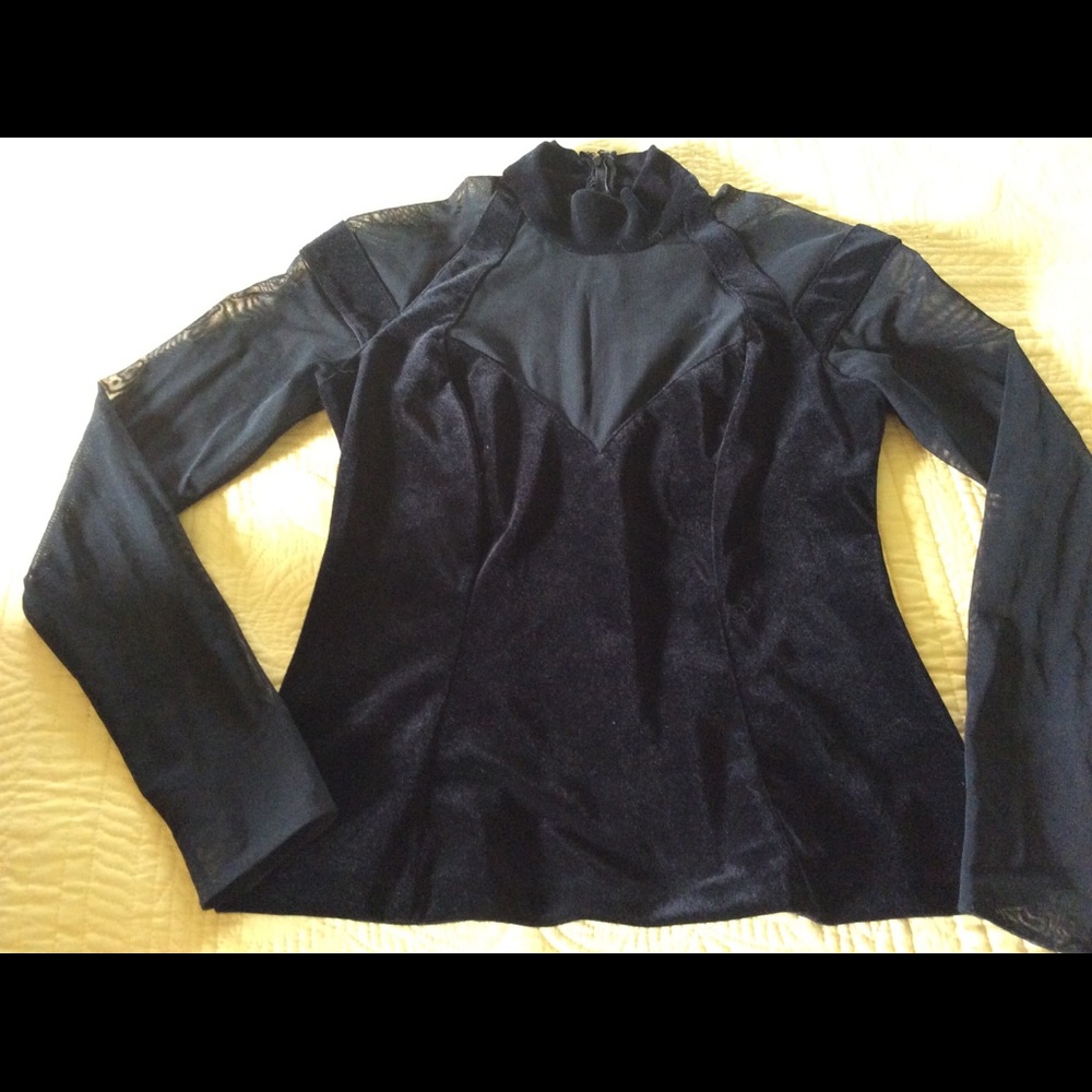 Velveteen mock turtleneck with mesh sleeves